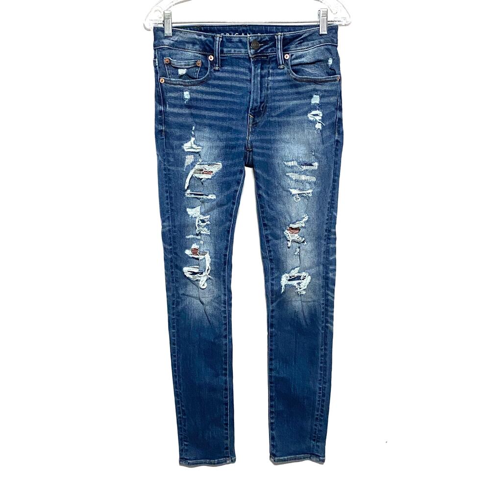 American Eagle Airflex 360 Skinny Jeans Mens 26x30 Distressed Ripped Patchwork
